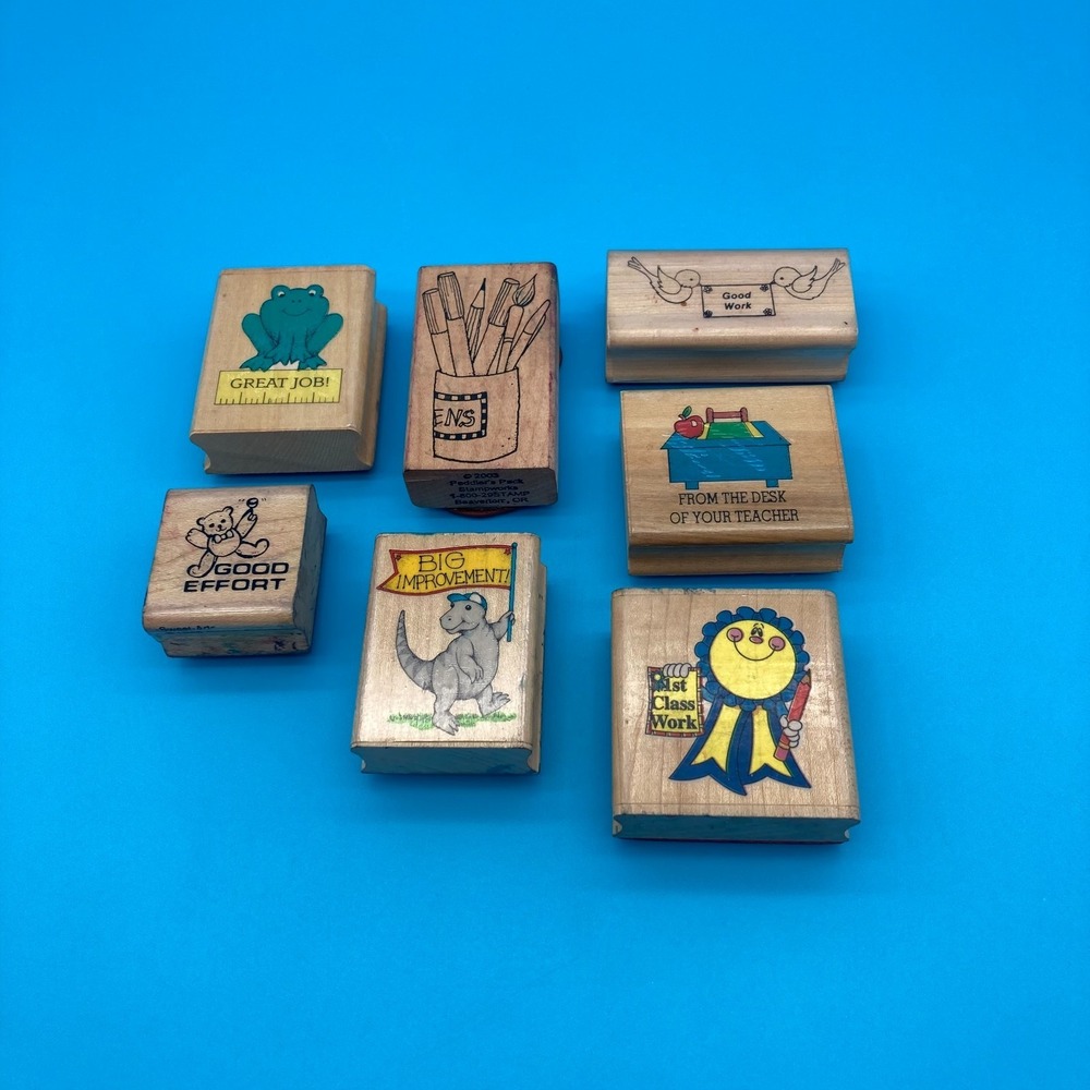 Vintage Teacher Reward Rubber Stamps Wood Lot 7 Retro 90s School Nostalgia